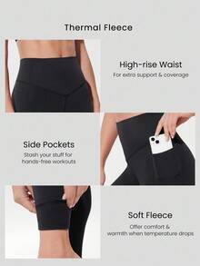 GLOWMODE 28" FeatherFit™-Warm High Waist Leggings With Side Pockets Low Impact Yoga Daily Autumn Winter - Black - View 4