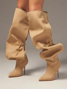 SHUZIA Glamouröse Damen Beige PU Overknee Slouch Spitzschuh High Heel Stiletto Sexy Winter Schnallen Riemen Stiefel Urlaub