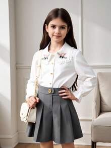 Tween Girl Embroidery Statement Collar Flounce Sleeve Shirt - White - View 4