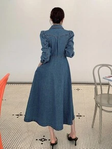 DAZY 女式长袖泡泡袖束腰优雅牛仔连衣裙