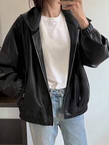 DAZY Women's Versatile Hooded PU Leather Jacket, Casual Loose Elastic Waist Leather Coat Winter