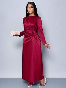 SOLERSUN Đầm ôm body bằng vải satin nhún bèo màu trơn thanh lịch dành cho nữ, thích hợp cho trang phục dự tiệc hẹn hò Maxi dành cho nữ - Đỏ - Xem 4