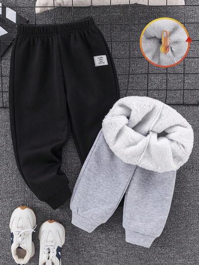 SHEIN Set de 2 pantalones de chándal con forro térmico de estilo casual y color contrastante para niños pequeños, adecuados para otoño/invierno
