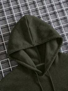 SHEIN Cottnline 100%Cotton Men Letter Graphic Pocket Drawstring Thermal Hoodie - Army Green - View 3