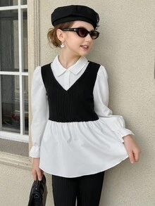 Streelcool Girls Blouse,Black And White Elegant Faux Fur Knit Ribbed Patchwork Shirt,High Waist Ruffle Hem,Puff Lantern Sleeves,School,Back-To-School - Black and White - View 1