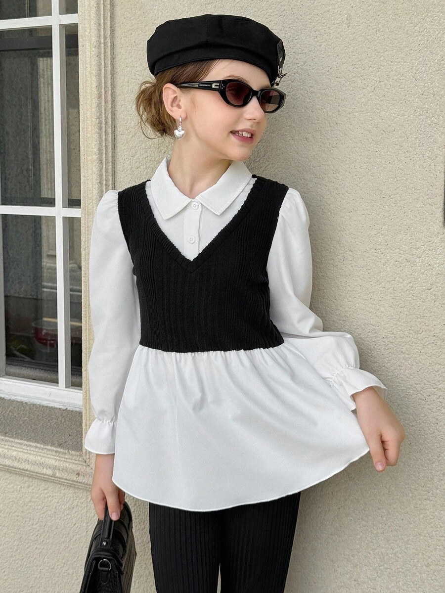 Streelcool Girls Blouse,Black And White Elegant Faux Fur Knit Ribbed Patchwork Shirt,High Waist Ruffle Hem,Puff Lantern Sleeves,School,Back-To-School - Black and White - View 1