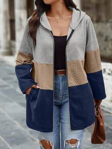 Calvaya Plus Size Women's Autumn Contrast Color Zipper Hooded Casual Jacket - Multicolor - View 4