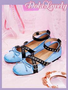 Dola Lovely 女士缎面蓝色交叉金属扣芭蕾平底鞋，优雅甜美大码女士春季鞋 - 藍色 - 查看 5