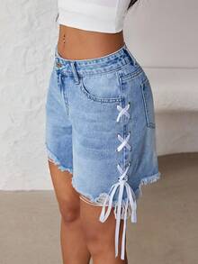 Jeanoix Pantalones cortos de mezclilla con cordón en la cintura y borde deshilachado para mujer de talla grande - Azul lavado medio - Ver 5