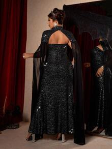 Cravure Nuovo abito da donna elegante e lungo con scialle extra large, adatto per feste eleganti/party/eventi, abito da sirena senza spalline e lungo fino a terra con scialle, motivo a pois argentati lucidi - nero - Visualizzare 2