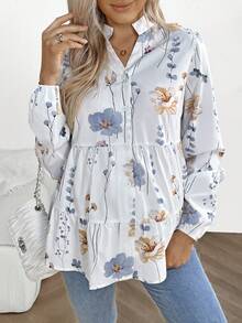 SHEIN 孕妇休闲花卉印花长袖纽扣衬衫，带多层下摆 - 彩色 - 查看 5