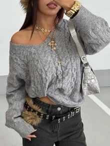 StreetHx New Autumn/Winter V-Neck Loose Casual Street Fashion Urban Pullover Sweater, Gray Twist Knit - Grey - View 6