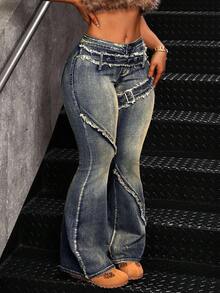 Jeanoix Plus Size Women Casual Flare Leg Slim Fit Jeans - Blue - View 4