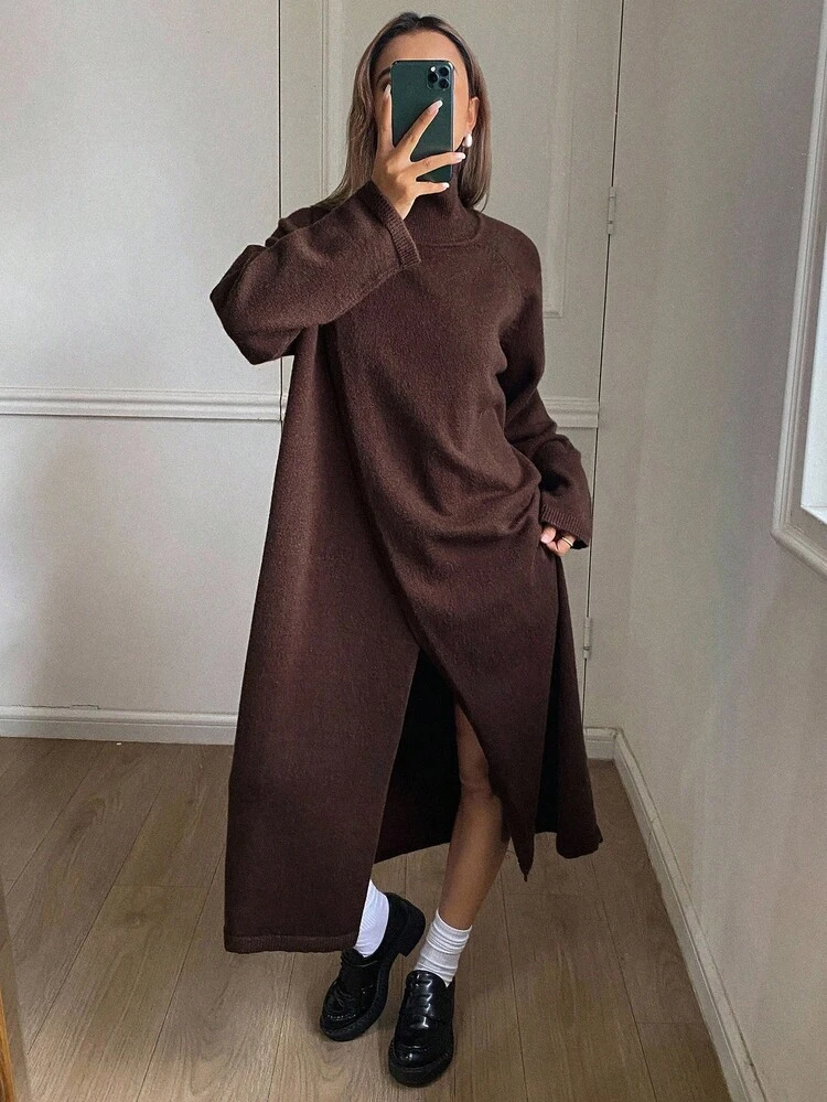 Women's Loose Solid Color Long Slit Turtleneck Long Sleeve Casual Street Style Knit Sweater, Autumn/Winter