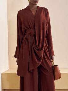 Zivah 2025 年秋季新款音乐节、复活节、圣帕特里克节、西部风、游牧风、生日派对、毕业典礼、学院风、学生装、日常休闲、百搭百搭、休闲、邮轮旅行、海滩、日光浴、病毒式传播、街头服饰、婚礼宾客波西米亚风、通勤、早午餐、机场、派对和节日服装 2 件套：交叉裹身 3/4 袖上衣和亚麻棕色阔腿裤 - 棕色 - 查看 7