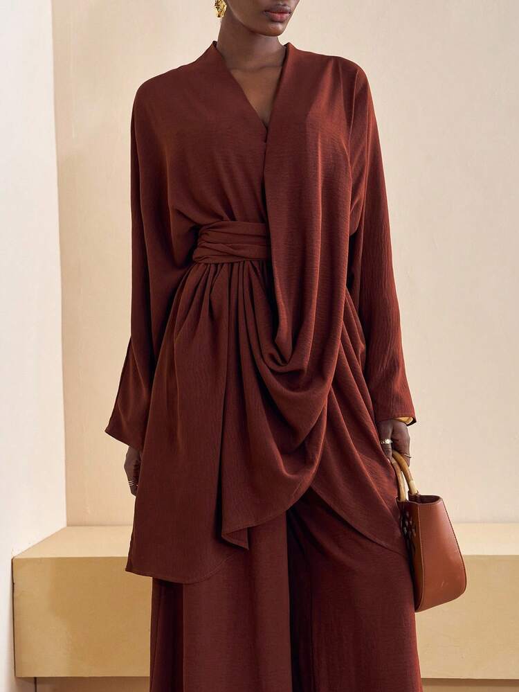 Zivah 2025 Autumn New Music Festival, Easter, St. Patrick's Day, Western, Nomadic, Birthday Party, Graduation, College Style, Student Wear, Daily Casual, All-Match Versatile, Leisure, Cruise Travel, Beach, Sunbathing, Viral , Streetwear, Wedding Guest Boho, Commute, Brunch, Airport, Party & Holiday Outfits 2-Piece Set: Cross-Wrap 3/4 Sleeve Top And Wide Leg Pants In Linen Brown - Brown - View 7