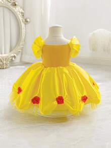 Glamorique Kids 女婴公主薄纱连衣裙，黄色网纱公主裙，蕾丝，红色宝石，派对礼服，红色3D玫瑰，优雅派对礼服，生日派对，婚礼节日礼服，中东，欧洲 - 黃色 - 查看 2