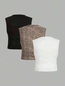 Auralis Bộ 3 áo tank top mùa hè cơ bản màu trơn, dáng ôm, cỡ lớn, cổ đứng nhỏ và có chi tiết xếp ly. - Nhiều màu - Xem 3