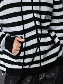 Bloopia Sudadera con capucha de punto estilo coreano casual con rayas jacquard y decoración de orejas de conejo, ajuste holgado, adecuada para mujeres en otoño/invierno y Halloween