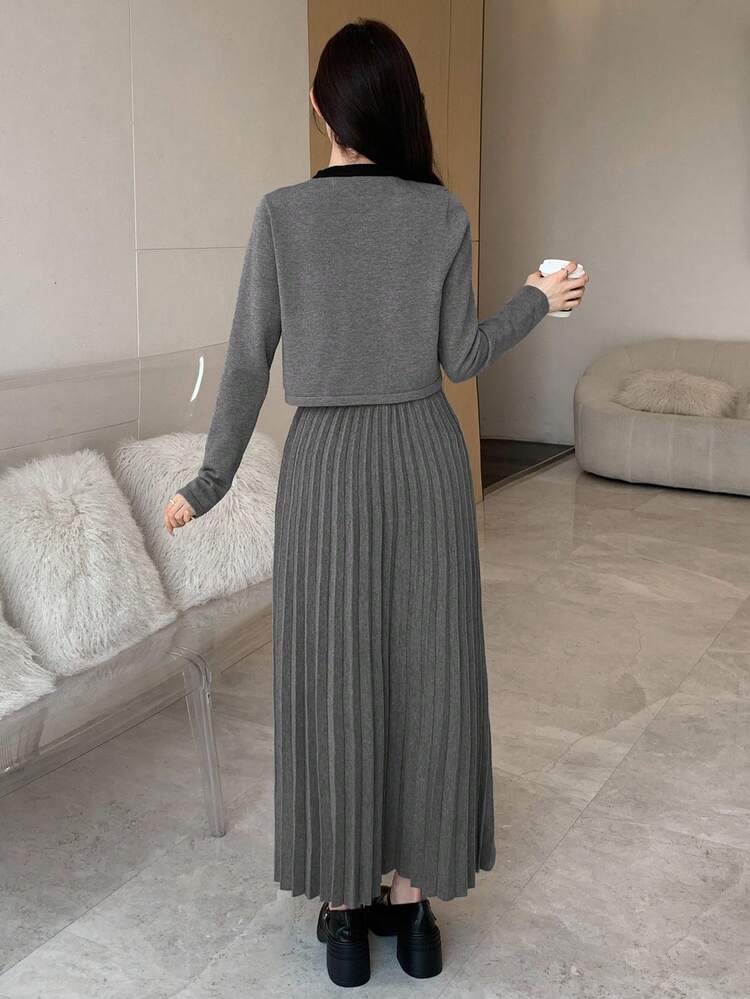 Women's Contrast Color Crew Neck Cardigan & Skirt 2 Pieces Knit Set, Autumn