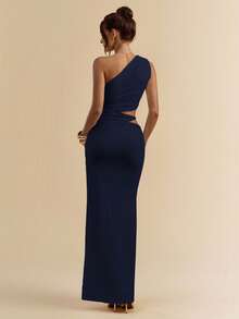 SHEIN BAE White Asymmetric Ruched Bodycon High Slit Dress, Beach Resort White Dress, Bohemian Dress - Navy Blue - View 2