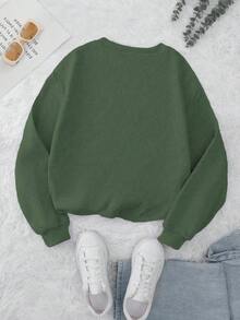 INAWLY Halloween Embroidered Black Cat Pumpkin Autumn Round Neck Sweatshirt - Army Green - View 2