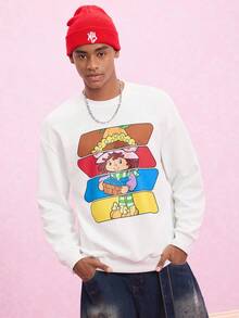 Strawberry Shortcake X SHEIN 男士休闲可爱卡通图案圆领运动衫，秋季 - 白色 - 查看 4