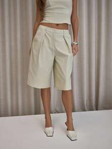 MUSERA 褶裥直筒修身长款短裤，优雅性感街头风，适合夜间派对、情人节、春季休闲夏季穿着。 - 卡其色 - 查看 2