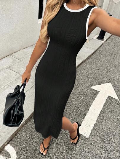 Easowa Black & White Striped Fitted Side Slit Midi Dress, Casual For Vacation, Office Wear, Spring/Summer Fitted Ribbed Dress Bodycon Midi Dress Sleeveless Ribbed Dress Ribbed Midi Dress Black Ribbed Dress Long Bodycon Dress Tight Long Dress Midi Ribbed Dress,Casual