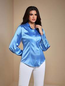 JIAN LASALA Stehkragen Laterne Langarm Figurbetontes Satin Knopfleiste Bluse Damen Frühling Herbst Elegant Winter Hochzeitsgast Luxuriöse Stilvolle Bekleidungskollektion - Blau - Übersicht 3