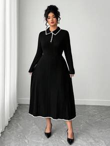 Elenzga Plus Size Crew Neck Long Sleeve Half-Placket Fashionable Elegant Colorblock Knit Dress