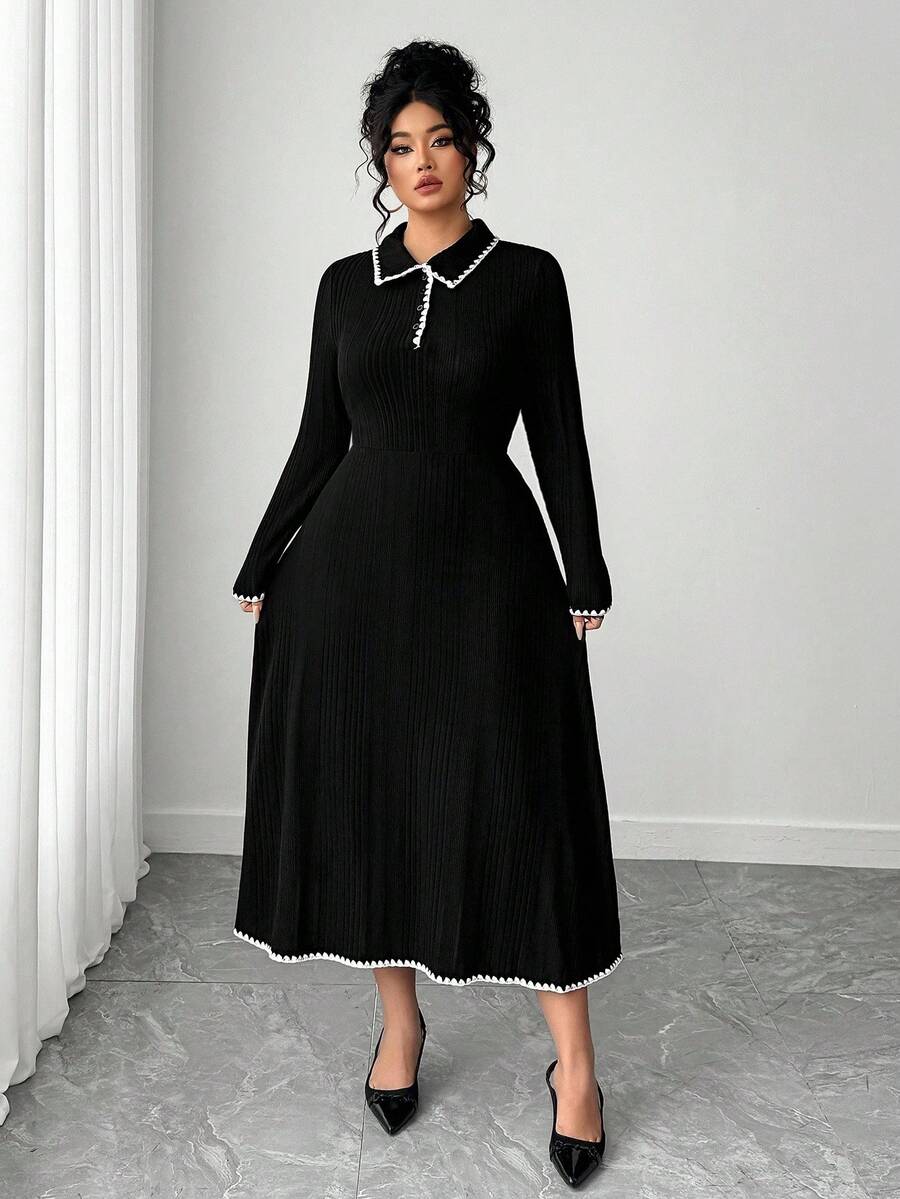 Elenzga Plus Size Crew Neck Long Sleeve Half-Placket Fashionable Elegant Colorblock Knit Dress