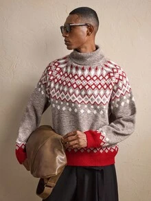AKNOTIC 全新男士高领宽松休闲毛衣，适合秋冬季节、圣诞节、新年等场合穿着，长袖上衣，尽显魅力 - 卡其色 - 查看 3