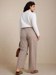 Elaquor Calças femininas casuais plus size com bolso e cordão, outono/inverno - Caqui - Ver 4