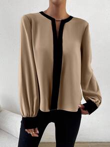RosyDaze Camisa de manga larga minimalista con ribete de contraste para uso casual y diario de mujeres - Caqui - Ver 6