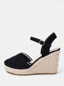 Styleloop Women's Wedge & Platform Slip-On Sandals, Embroidered Pattern, Summer Bohemian Holiday Sandals, Woven Rope Roman Beach Sandals With Criss-Cross Straps, Suitable For Holiday Season, Spring/Summer, Boho Style, Vacation Outfit, Vacation Outfits Travel Essentials - Black - View 2