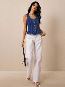 Poéselle 新款女式牛仔上衣 方领吊带上衣 金属扣装饰 后腰荷叶边下摆上衣 秋季服装 深蓝色牛仔上衣 法式优雅时尚街头日常旅行装 皇家蓝上衣女装 蓝色夏季上衣女装 牛仔上衣 女式牛仔上衣 蓝色牛仔上衣女装 - 深色水洗藍 - 查看 5