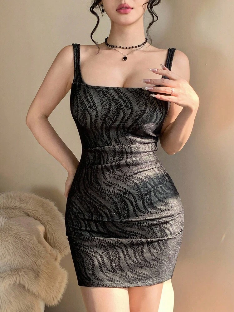 Floral Jacquard Thickened Fitted Waist Sleeveless Dress, Elegant For Banquet, Autumn/Winter