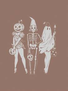 EMERY ROSE 女式万圣节南瓜骷髅印花圆领休闲宽松T恤 - 卡其色 - 查看 4