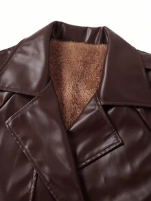 Ellevyn Fashionable Angola Red PU Leather Lined Long Windbreaker, Autumn/Winter,Fall - Burgundy - View 11