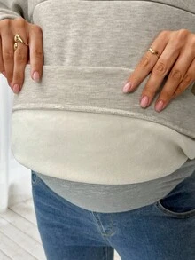 SHEIN 孕妇秋冬爱心印花圆领落肩长袖休闲套头卫衣孕妇上衣孕妇长袖上衣 - 杏色 - 查看 7