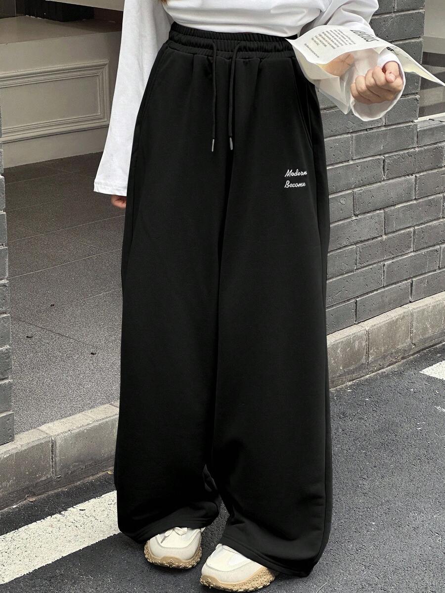 Dazy Kids 少女字母印花抽绳腰口袋宽松阔腿休闲裤 - 黑色 - 查看 1