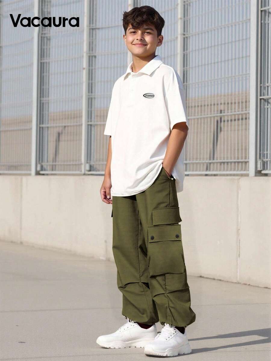 Vacaura 2 件青少年男孩套装：Polo 衫和宽松裤子，柔软舒适，百搭韩版风格