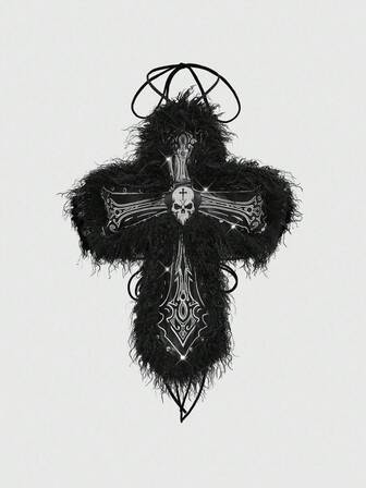 Damen Vintage Gothic Kreuz & Totenkopf Stickerei Metall Nieten Sexy Rückenfreie Fellpatchwork Bluse