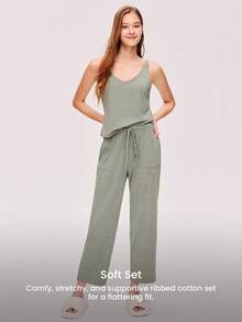 LUVLETTE Women Soft Melange Cotton V-Neck Tank Top And Long Pants Airy Pajama Set Lounge Set With Pockets Lingerie As Outerwear& Pyjamadressing - Green - View 4