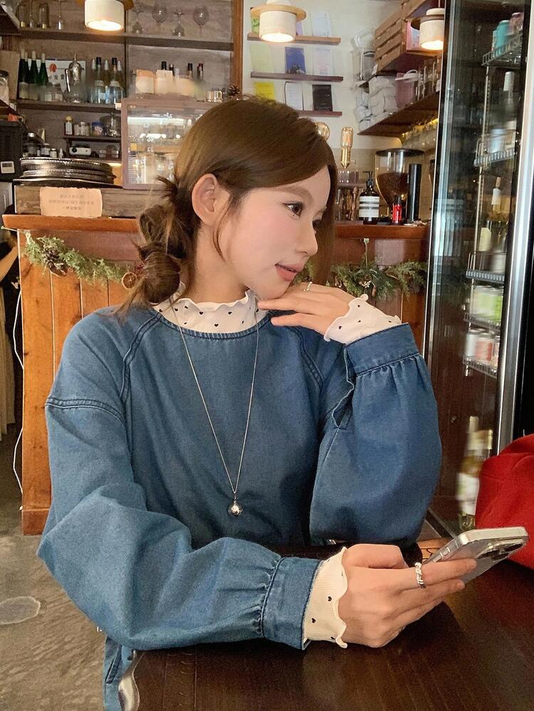 Vintage Casual Style Round Neck Cinched Waist Flared Hem Washed Denim Dress Maxi Dress