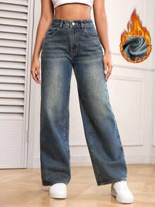 SHEIN PETITE Quần Jeans Nữ Dáng Thẳng Rộng, Lót Nhiệt, Phong Cách Retro - Màu xanh lam - Xem 4