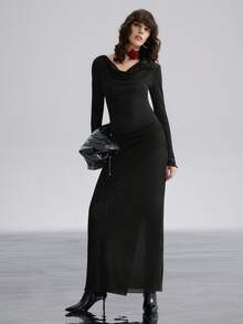 Airlisse 女士优雅U领连帽修身薄纱长袖连衣裙，适合派对和正式晚宴等场合。 - 黑色 - 查看 2