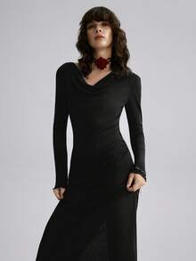 Airlisse 女士优雅U领连帽修身薄纱长袖连衣裙，适合派对和正式晚宴等场合。 - 黑色 - 查看 4