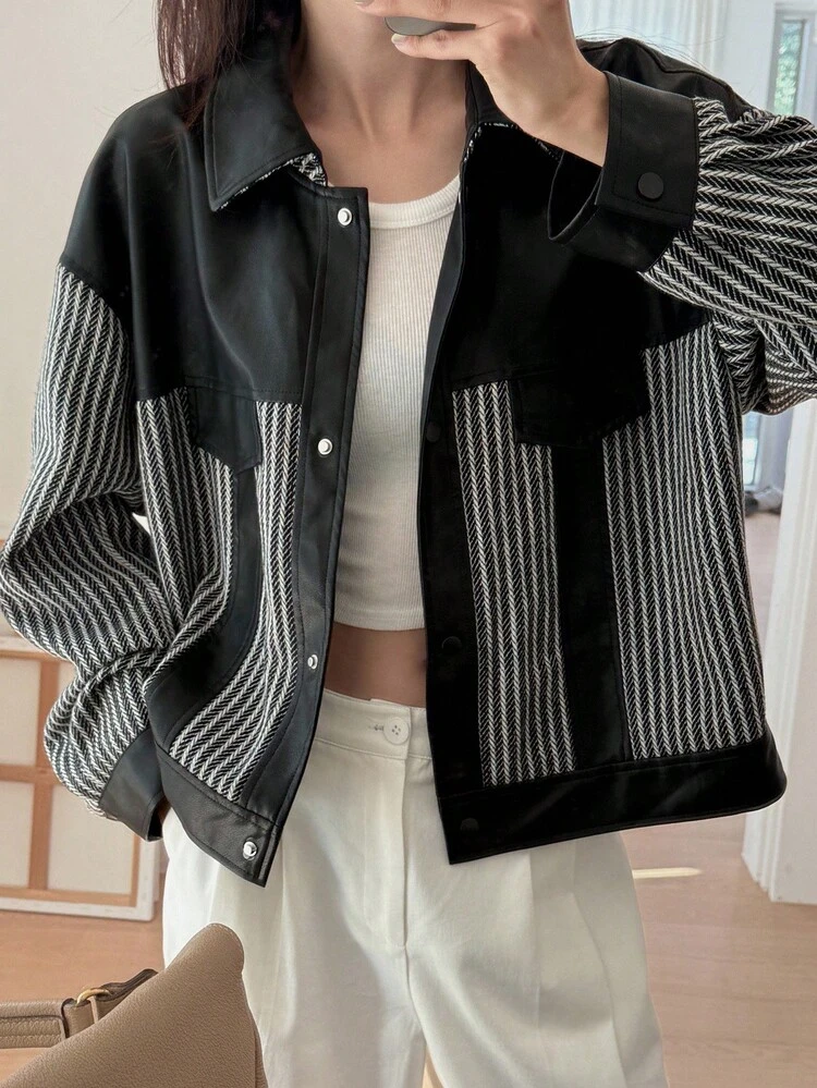 Women's PU Leather Patchwork Short Jacket, Casual & Versatile Women Coats